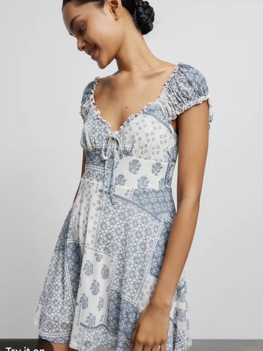 Urban Outfitters Blue and White Patchwork Print Babydoll Dress sz small